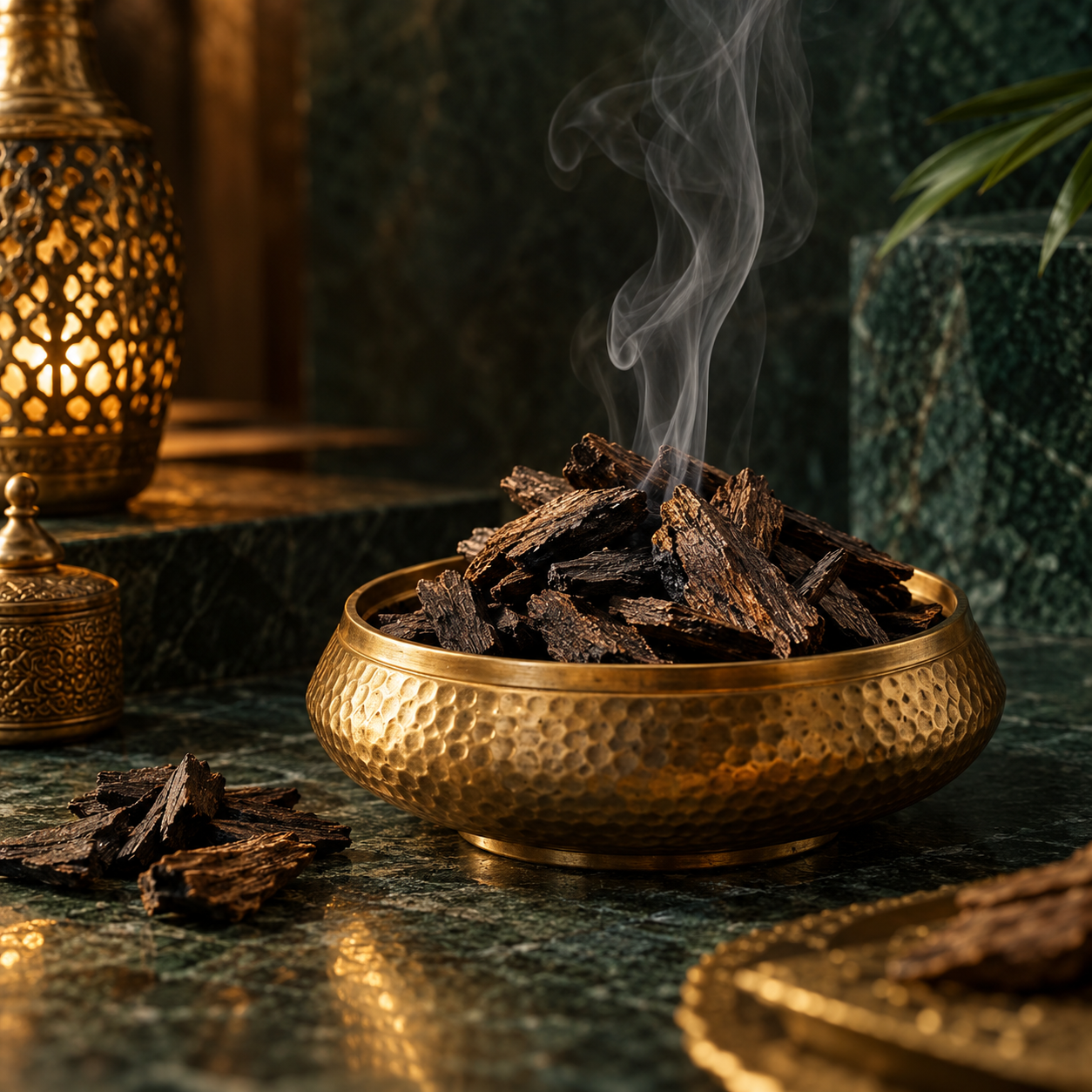 Baakhoor incense chips in a brass bowl