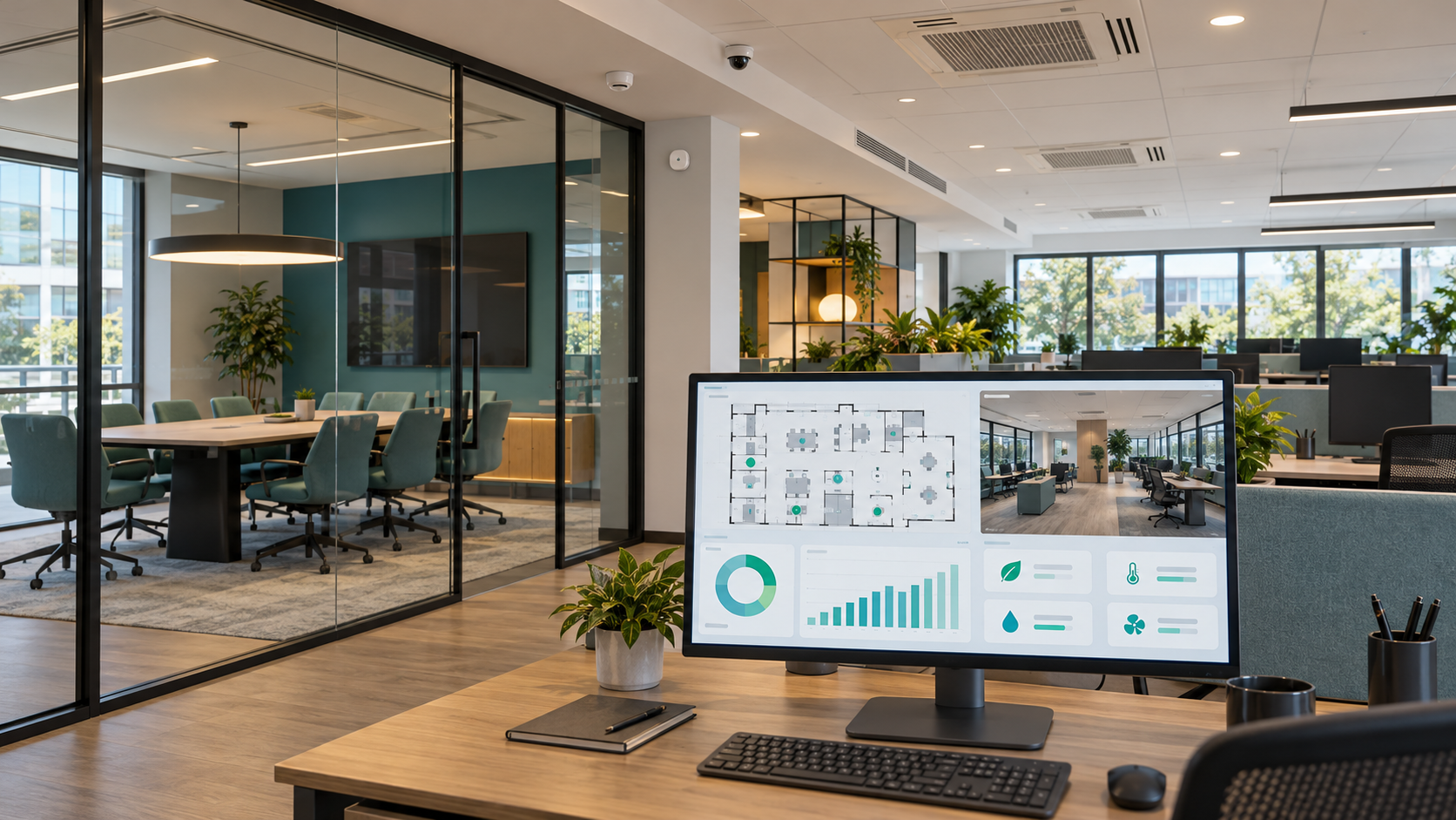 Illustrative office dashboard for environmental, energy and camera monitoring