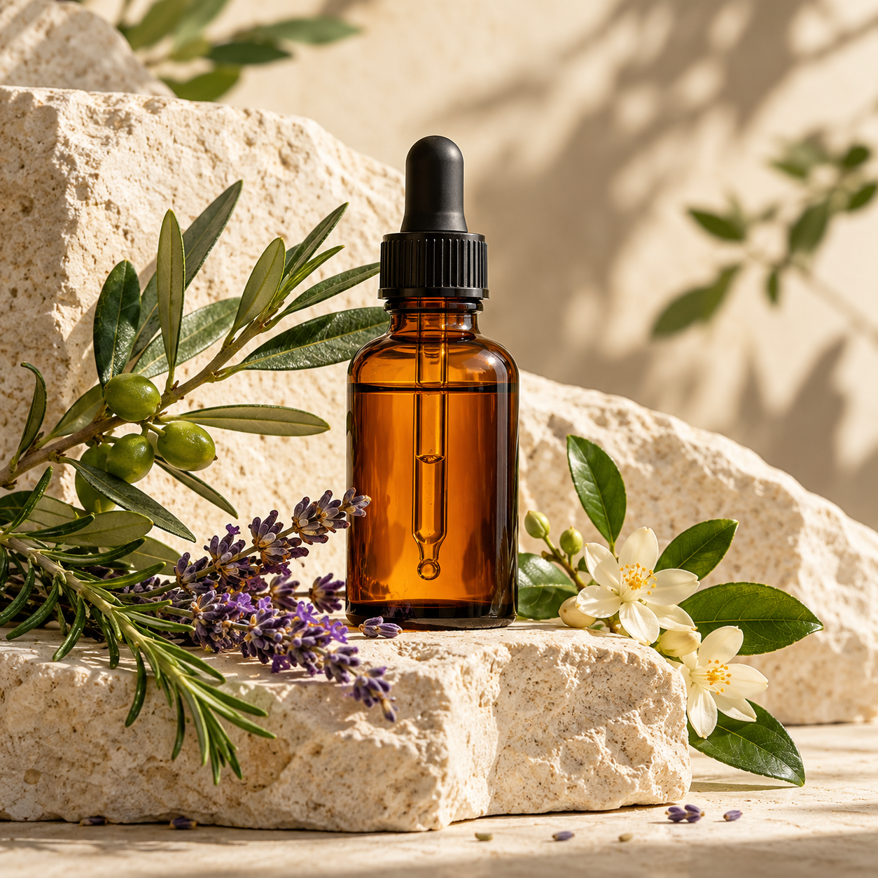 Essential oil with botanical sprigs